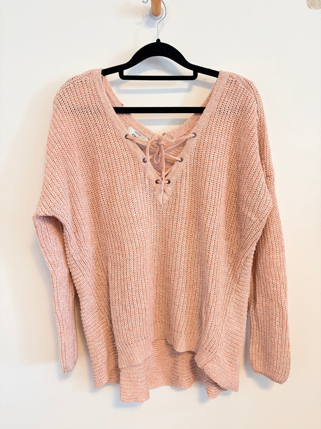 Only Strickpullover Grobstrick mit Schnürung rosa V Auschnitt Gr. S