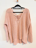 Only Strickpullover Grobstrick mit Schnürung rosa V Auschnitt Gr. S