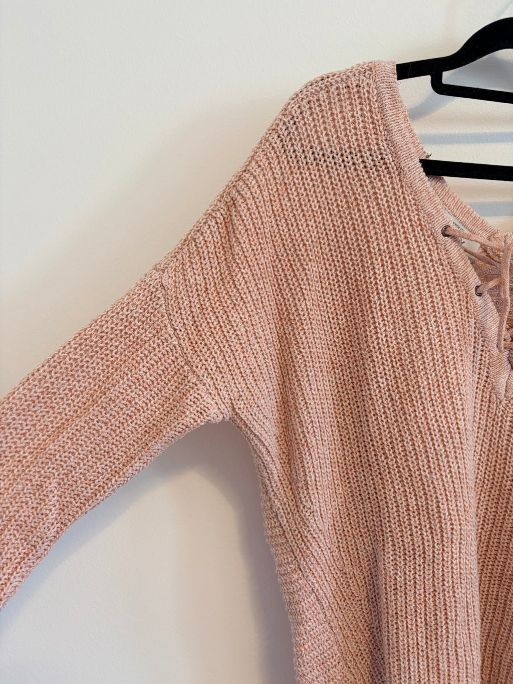 Only Strickpullover Grobstrick mit Schnürung rosa V Auschnitt Gr. S